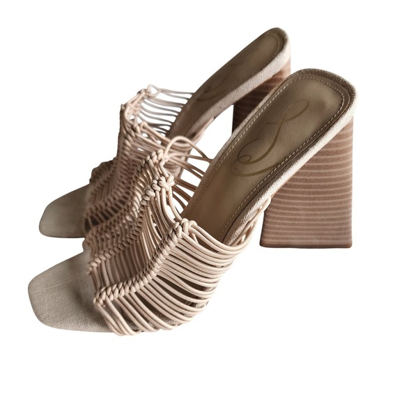 Sam Edelman Shoes - Sam Edelman Laurette Macrame Block Heel Sandals Beige Cream Square Toe Mule 5.5M